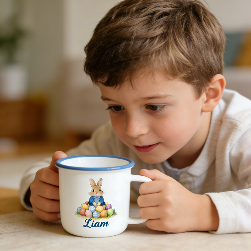 Personalized Cute Easter Egg and Rabbit Bunny Enamel Mug with Name Back to School Birthday Easter Gift for Kids