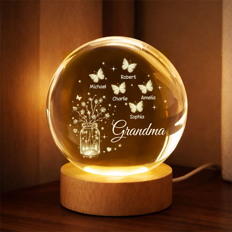 Personalized Grandma Butterfly Flower Jar Crystal Ball LED Night Light Birthday Mother's Day Gift for Grandma