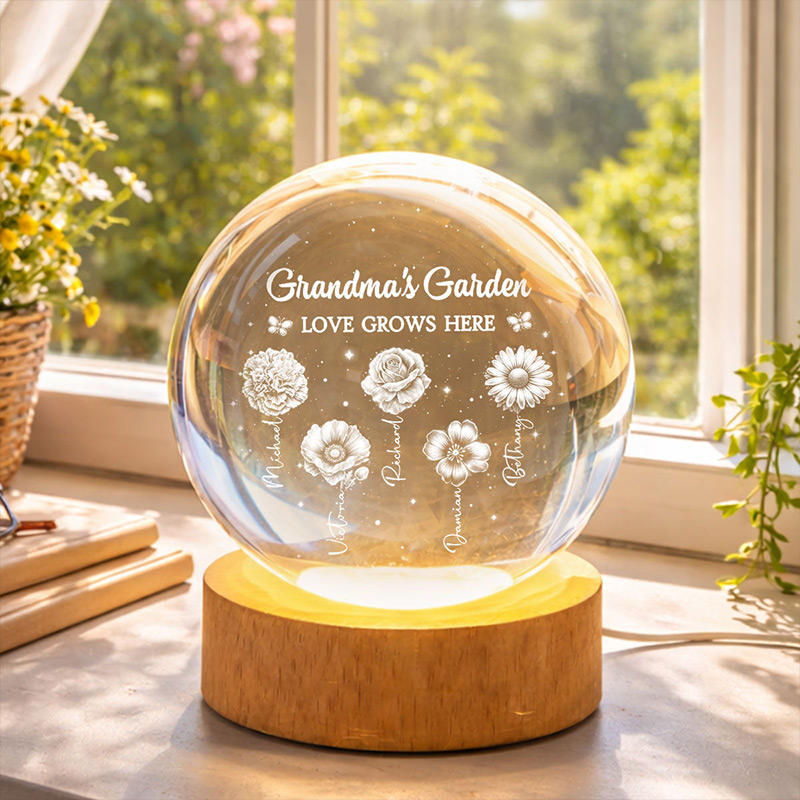 Personalized Grandma's Garden 3D Effect Birth Month Flowers Crystal Ball LED Night Light Birthday Mother's Day Gift for Grandma