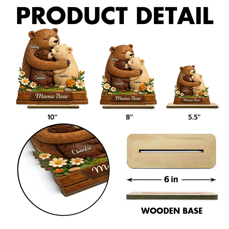Personalized Mama Bear 2-Layered Wooden Plaque Birthday Mother's Day Gift for Mom Grandma