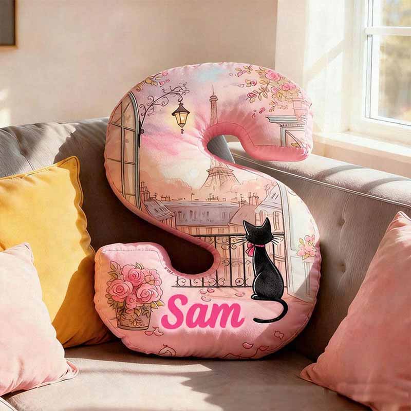 Personalized Cat Lover Flowers Black Cat Letter Pillow with Custom Name Graphic 3D Print