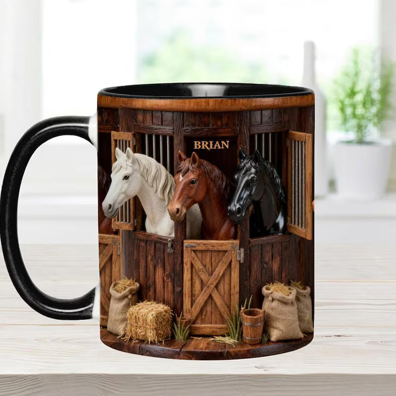 Personalized Horse Farm Accent Mug Horses In Stable Ceramic Cup Gift for Equestrian Horse Riding Lovers