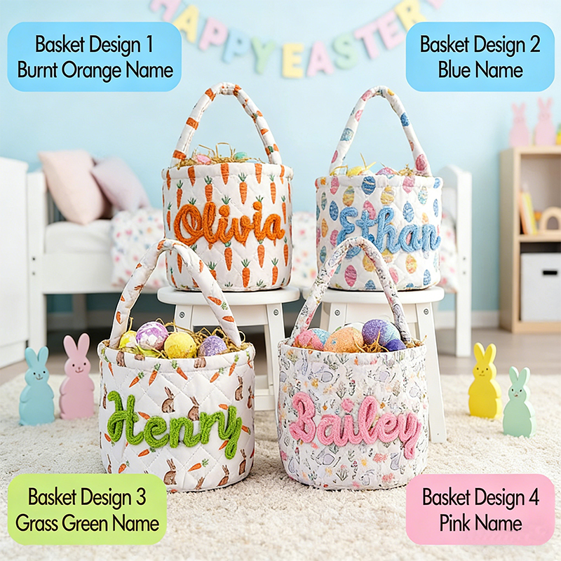 Personalized Easter Basket Quilted Spring Egg Hunt Bucket Boys Girls Bunny Easter Baskets gift for kids Custom Name Basket Easter Decor