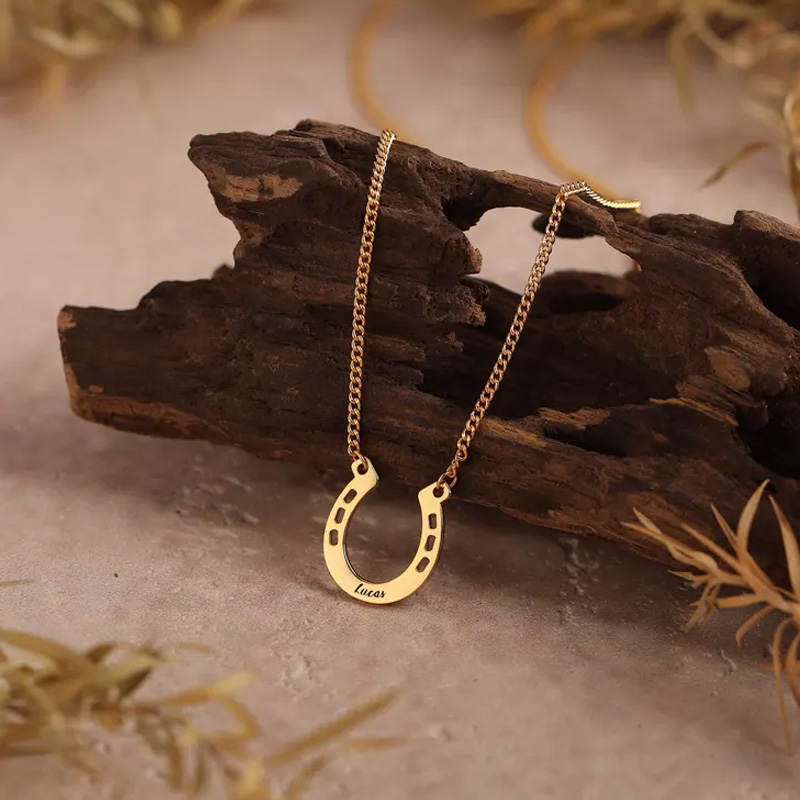 Personalized Horseshoe Charm Necklace with Name Jewelry Cube Gift for Equestrian Riding Lovers