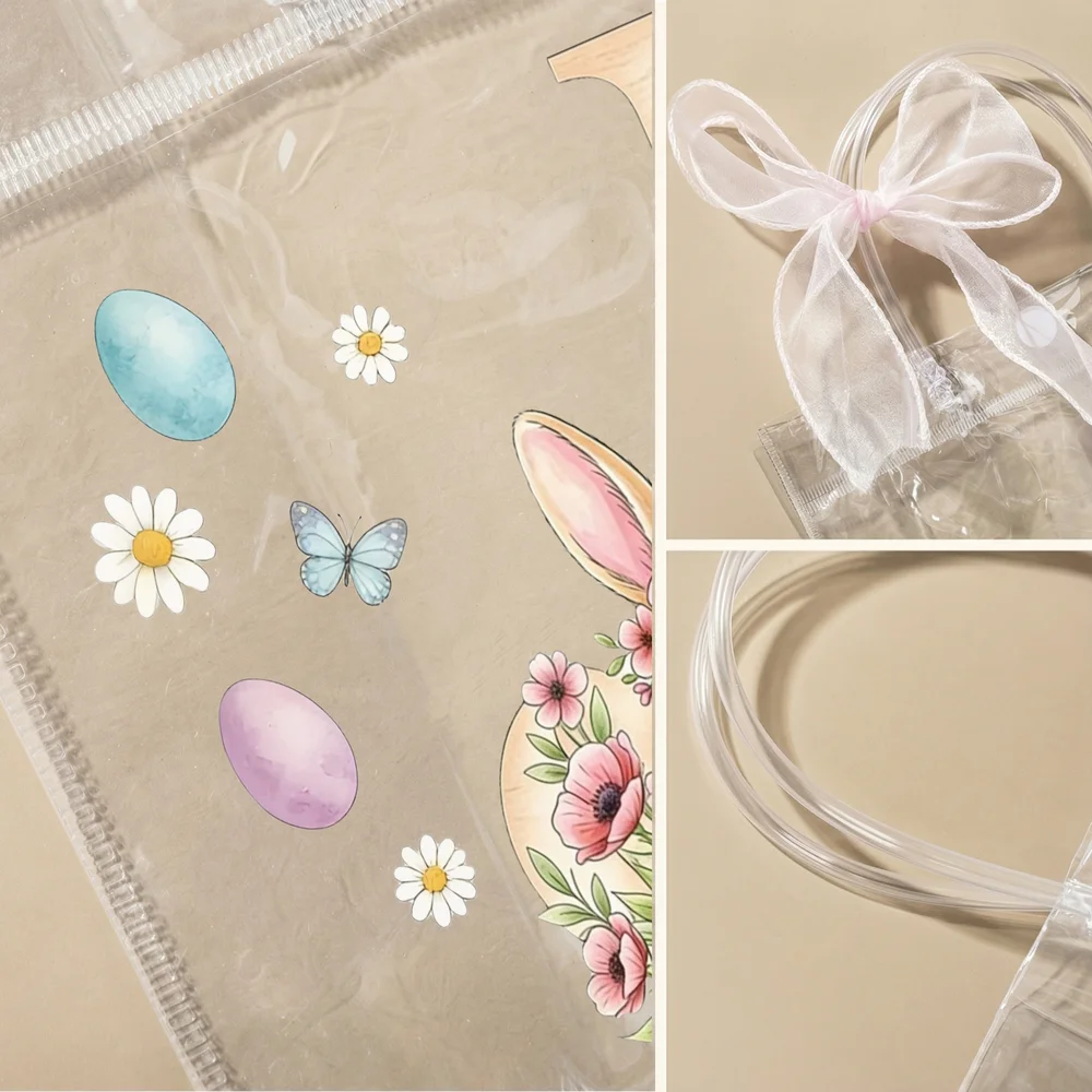 Personalized Pink Bow Ribbon Colorful Easter Eggs Rabbit Chicks Clear Gift Bag with Name and Initial Easter Party Favors Gift for Kids