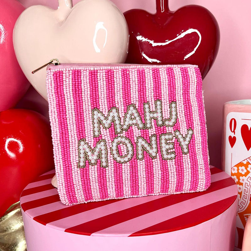 Mahjong Money Beaded Pouch Pink Seed Bead Coin Purse Mahjong Gift Accessory