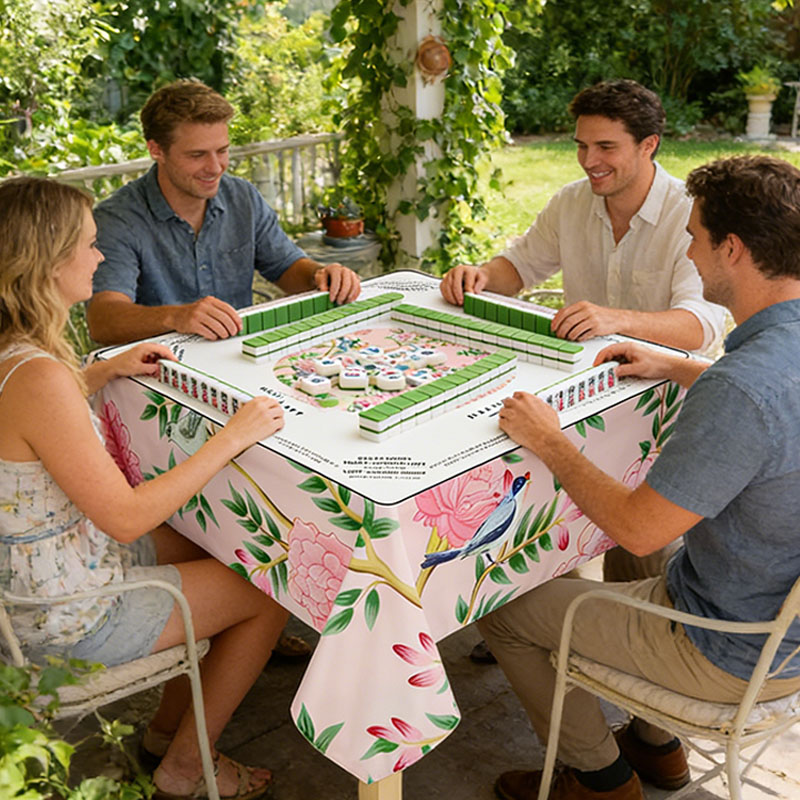 Mahjong Tablecloth 55" x 55" Polyester Blue Block Print Floral Flower Square Instructional Design with Rules for Family Game Night Party Favor Supplies