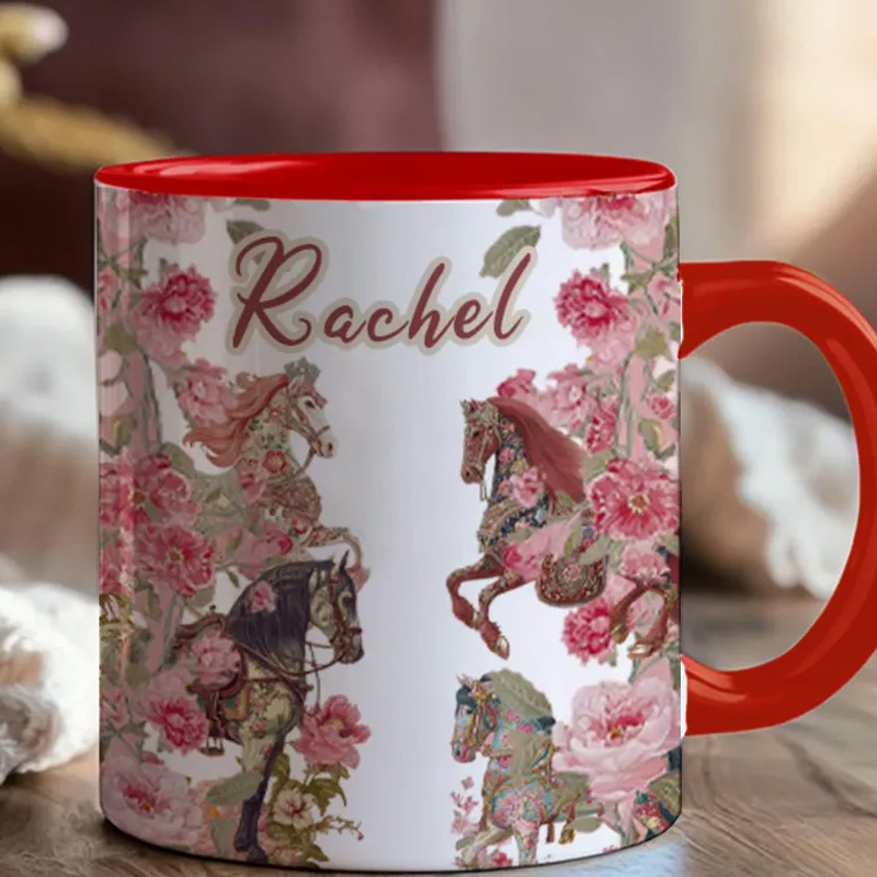 Personalized Riding Mug Floal Mug Horse Lovers French Toile de Jouy Coffee Cup Gift for Coffee Cup Bicycle Tea Cup Riding Ceramic Flower Mug Gift for Riding Lovers Equestrian Lovers