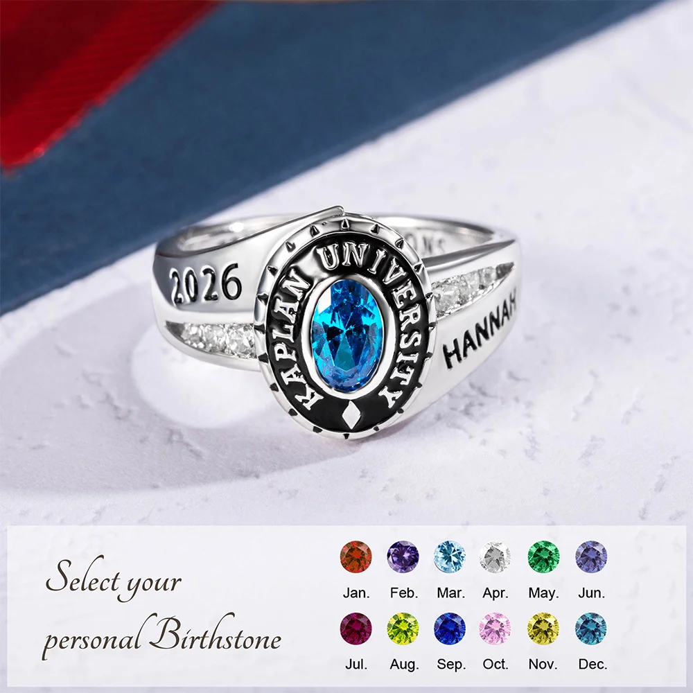 Personalized Class Rings for Men Women, Sterling Silver Birthstone Name Graduation Ring Senior Rings Gifts for Graduates