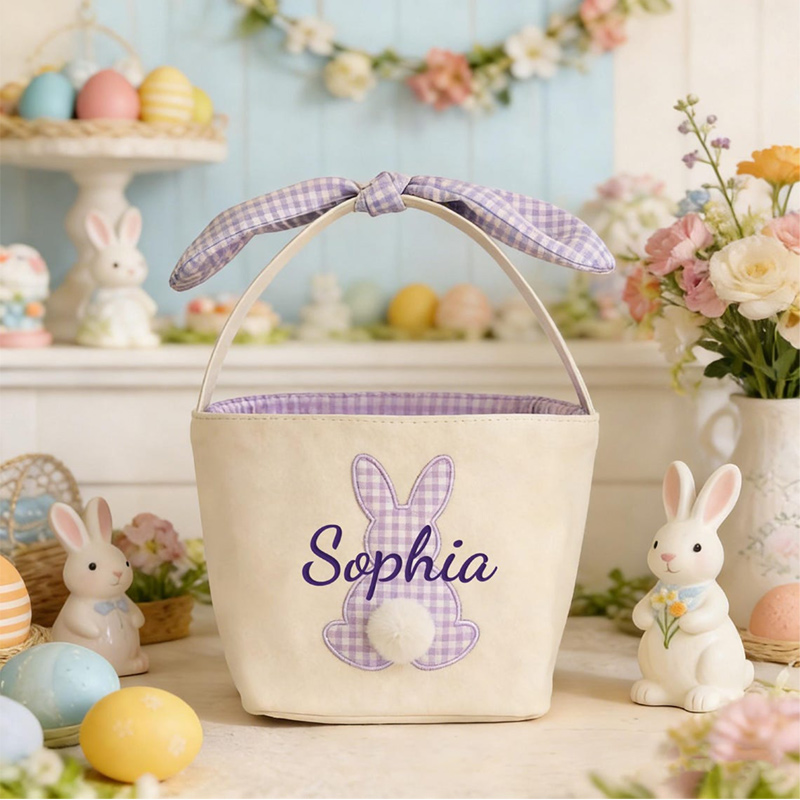 Personalized Easter Basket Embroidered Name Bunny Ear Basket Easter Egg Hunt Basket Easter Gift