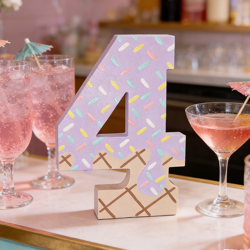 Ice Cream Number 3 Pink Sprinkles Personalized Wooden Birthday Decor
