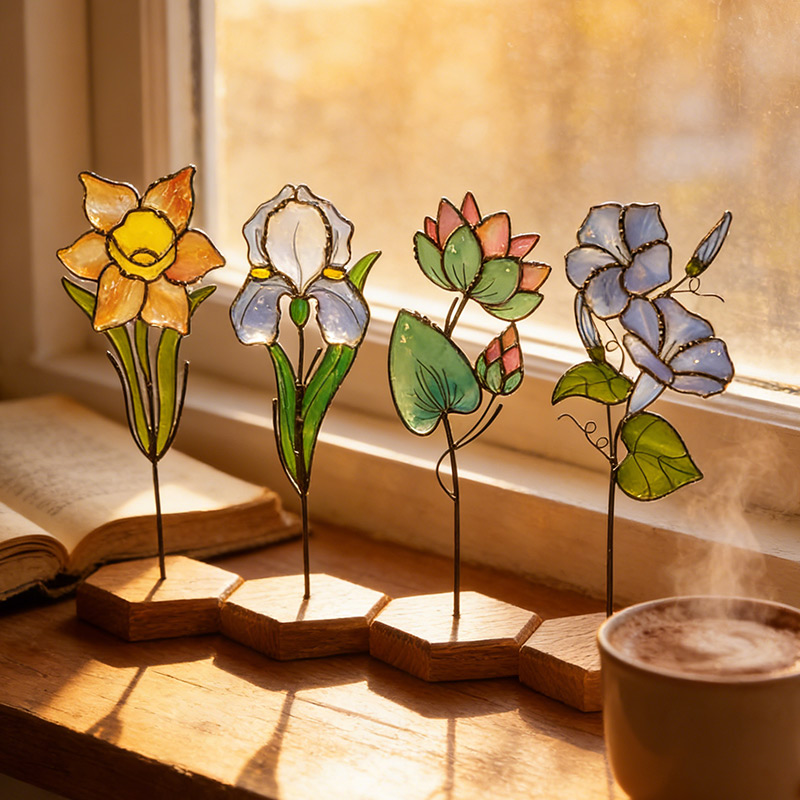 Personalized Stained Glass Birth Flower Plant with Stake Custom Birthday Suncatcher Gift for Mom Grandma Mother's Day Gifts