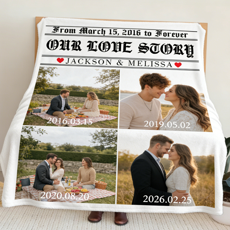 Personalized Couple Love Story Poster Design Photo Blanket with Time and Name Newlywed Wedding Newspaper Blanket Anniversary Gift for Husband
