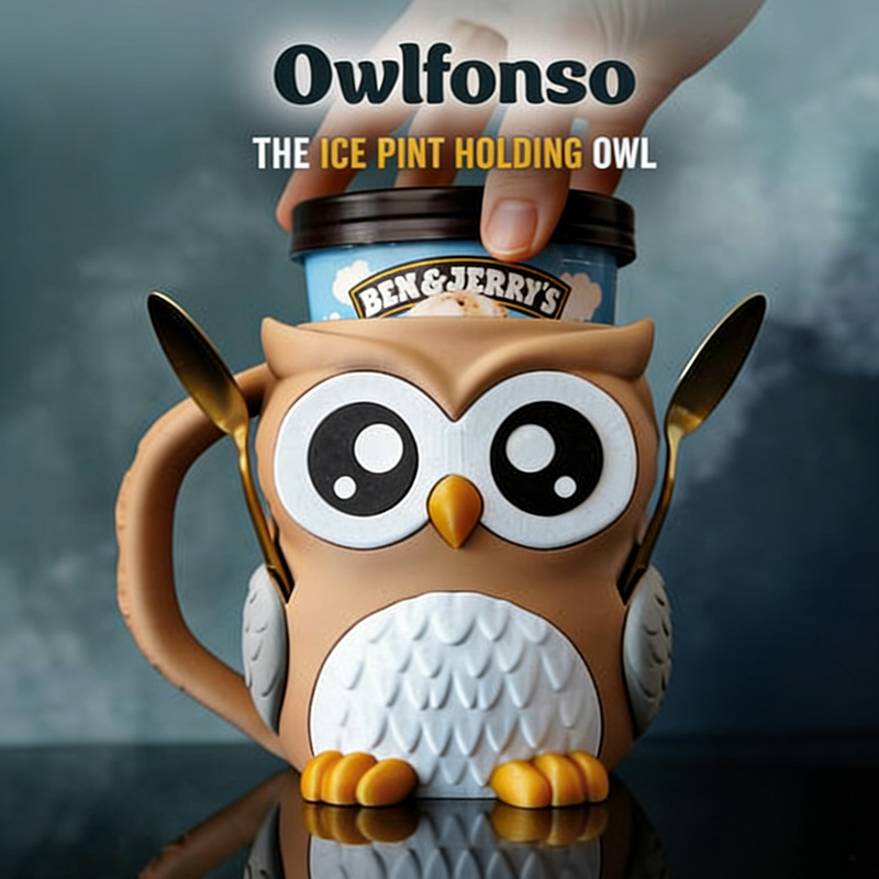 Owl Ice Cream Pint Holder 3D Printed with Spoon Slots & Snack Drawer