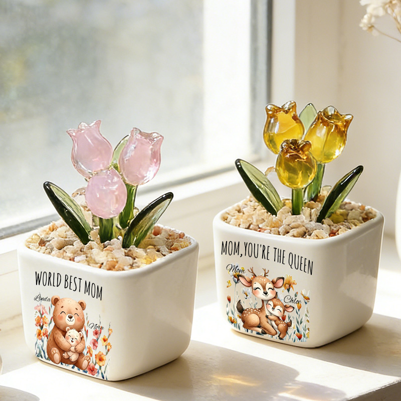 Personalized Glass Everlasting Tulips Mom Flower Gifts with Birth Month Floral Custom Hand Blown Glass Potted Mothers Day Gifts