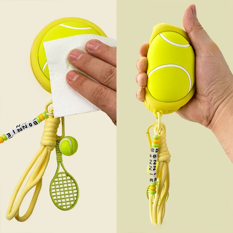Personalized name keychain with beads, tennis ball charms, racket and ball charms, waterproof silicone storage pouch for headphones, gift for tennis lovers