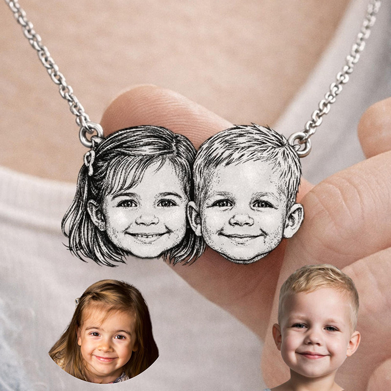 Personalized Engraved Pet Face Photo Portrait Necklace With Custom Photo for Memorial Gift, Couple Jewelry