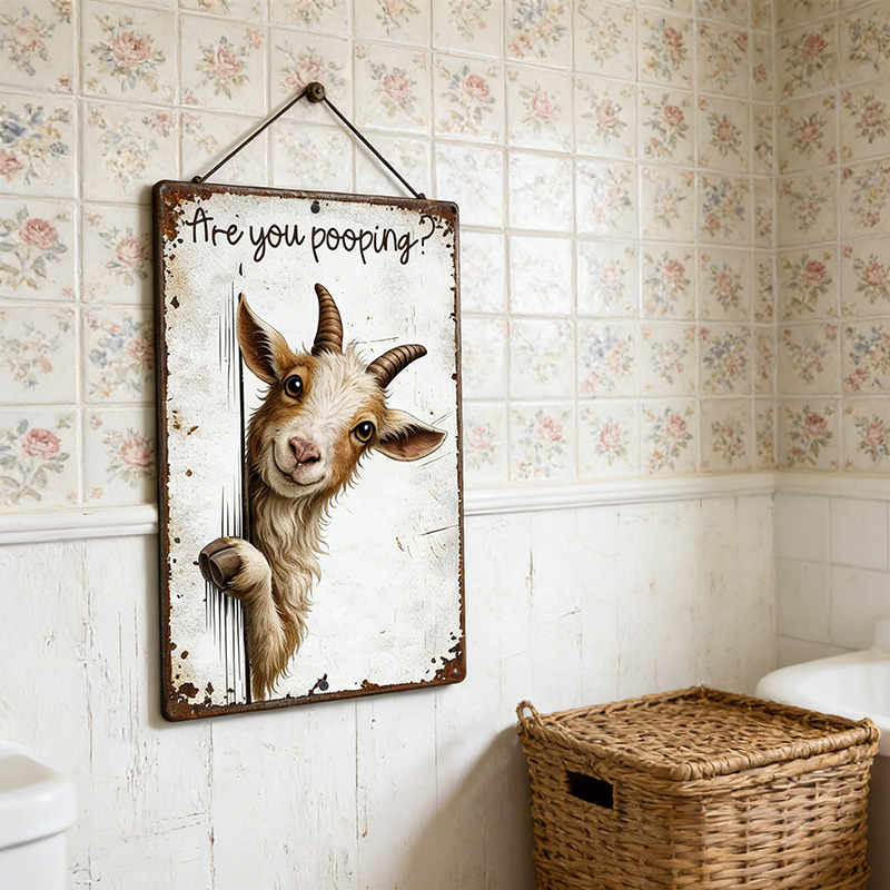 Are You Pooping Goat Sign, Funny Farm Animal Decor, Peeking Goat Rustic Metal Sign, Farmhouse Bathroom Humor Wall Art