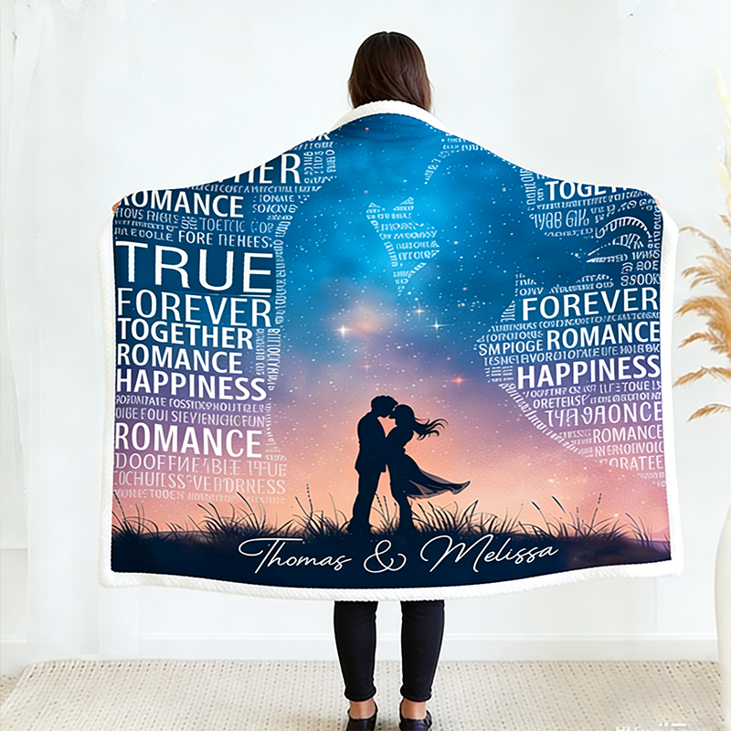 Personalized Couple Cloud Word Starry Sky Silhouette Blanket Valentine's Day Gift for Couple Cloud Word Blanket Love Story Blanket For Her