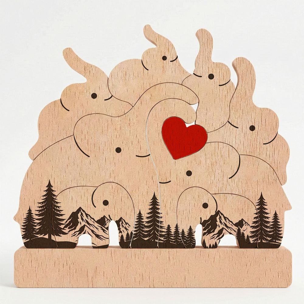 Personalized Custom Engraved Family Name Gift Home Decor Anniversary Present Love Keepsake Elephant Family Wooden Puzzle