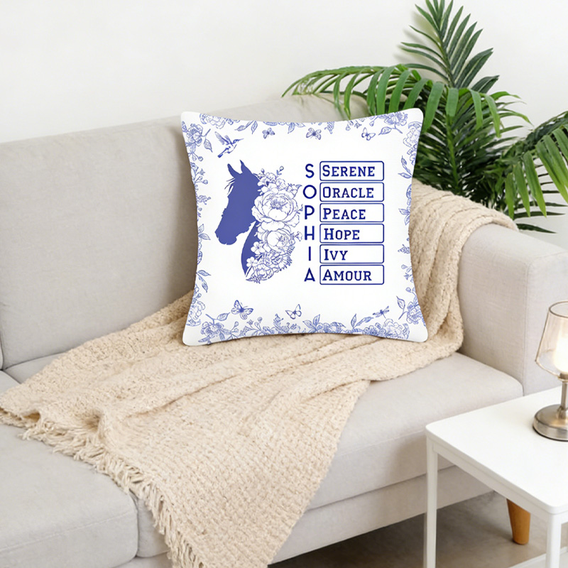 Personalized Toile De Jouy Horse Birth Flower Soft Throw Pillow Cover with Name Home Decor Birthday Gift for Equestrain Lovers