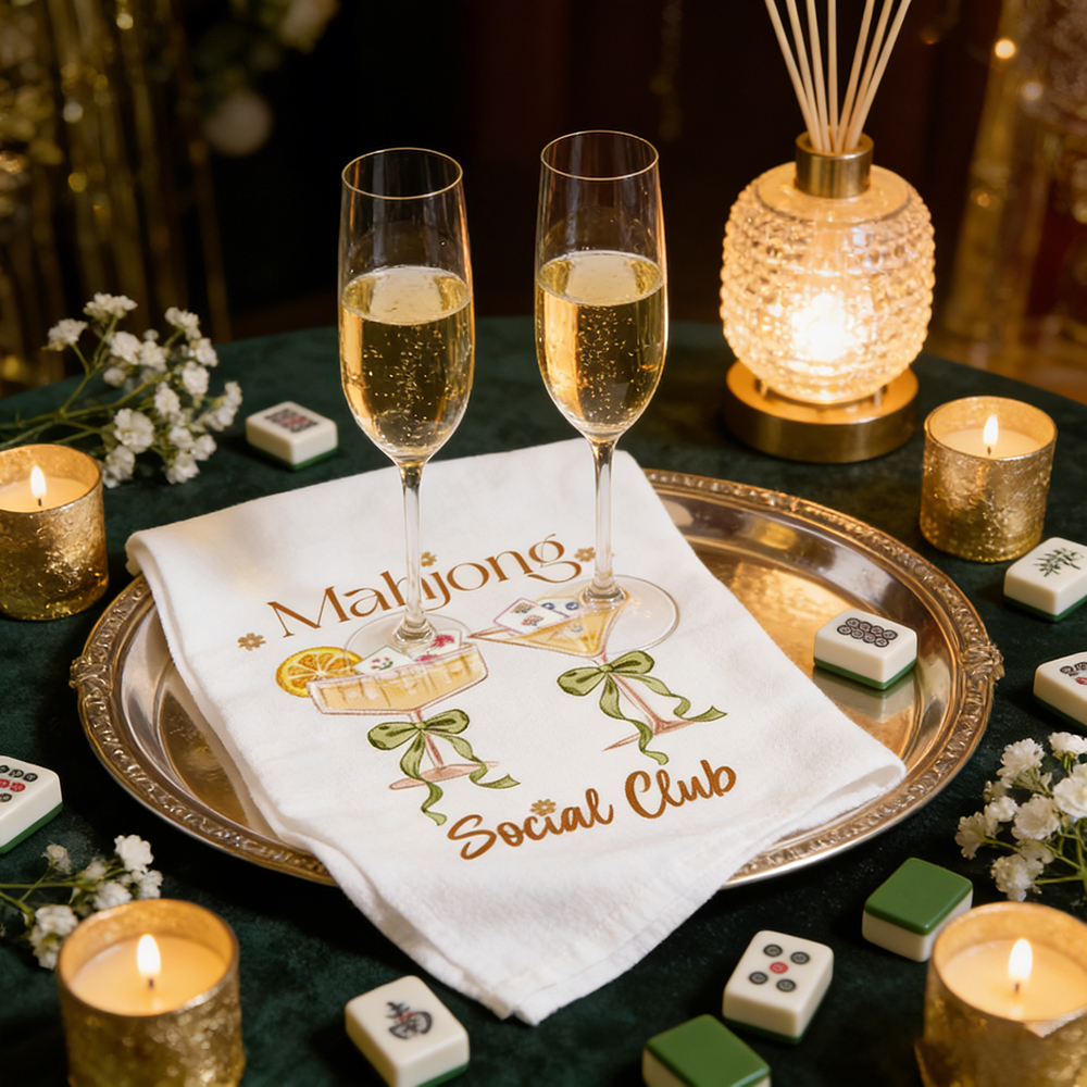 Mahjong Social Club Tea Towel – Cute Cocktail Mahjong Design Perfect for Your Kitchen or Game Night Decor