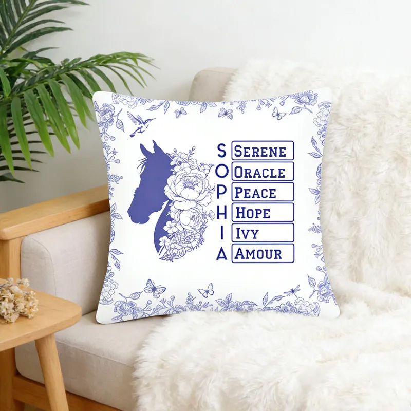 Personalized Toile De Jouy Horse Birth Flower Soft Throw Pillow Cover with Name Home Decor Birthday Gift for Equestrain Lovers