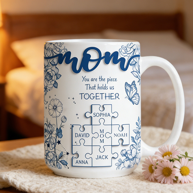 Personalized Mom Puzzle Piece Pottery Mug with Birth Flower You Are The Piece That Hold Us Together Mug Gift For Mom Mother's Day Gift