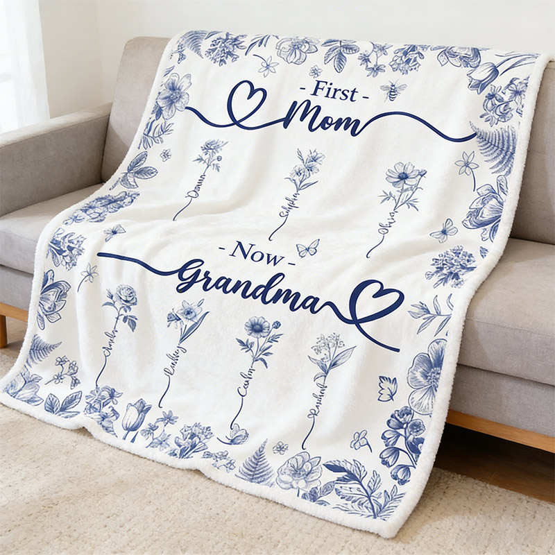 Personalized Grandma Blanket with Birthflower Grandkids Names Mother's Day Gift For Nana Gigi Mimi Custom Grandmother Mom Birthday Gift 