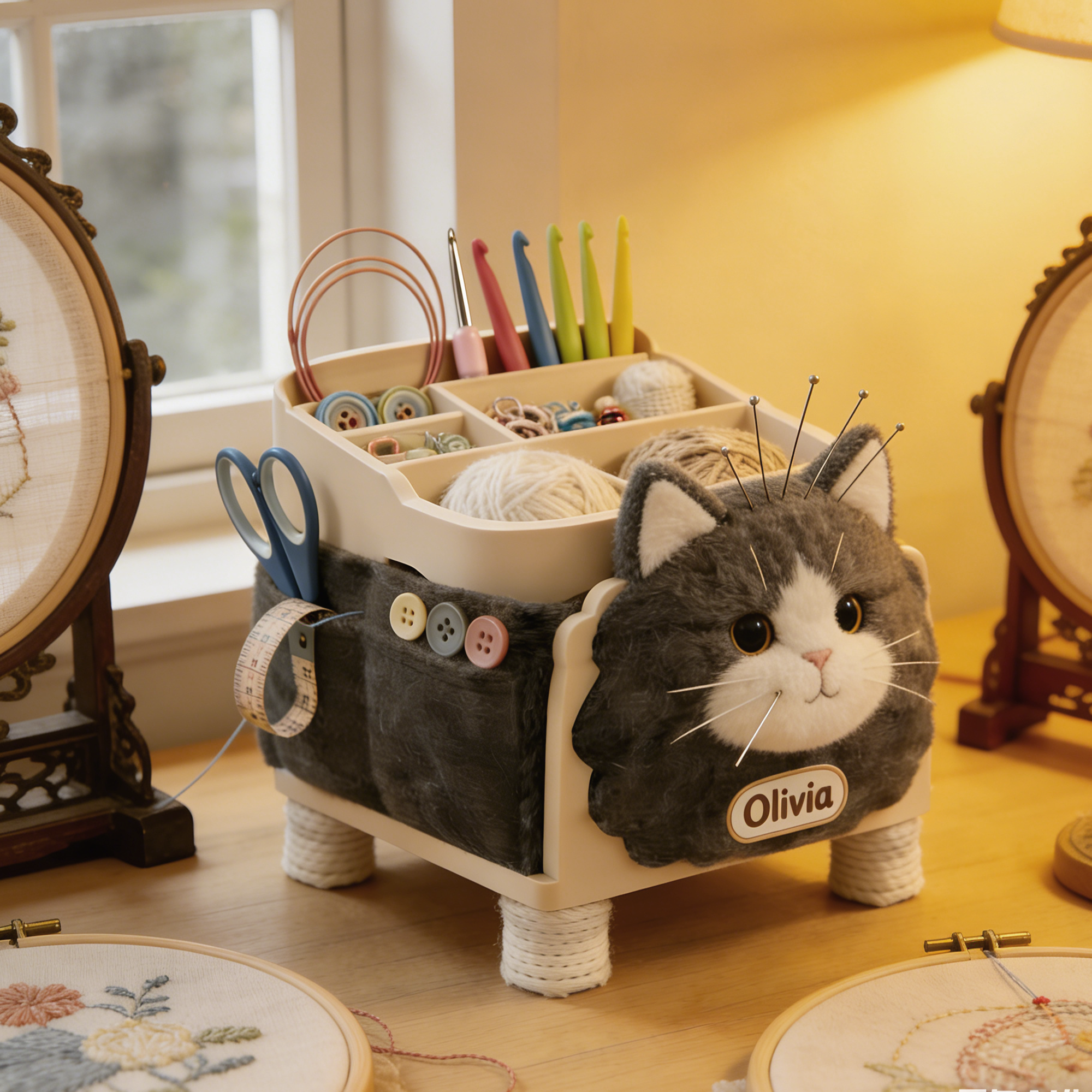 Personalized Cute Cat-Shaped Knitting & Sewing Storage Organizer – Personalized Craft Caddy with Plush Cat Design for Yarn, Needles, and Tools