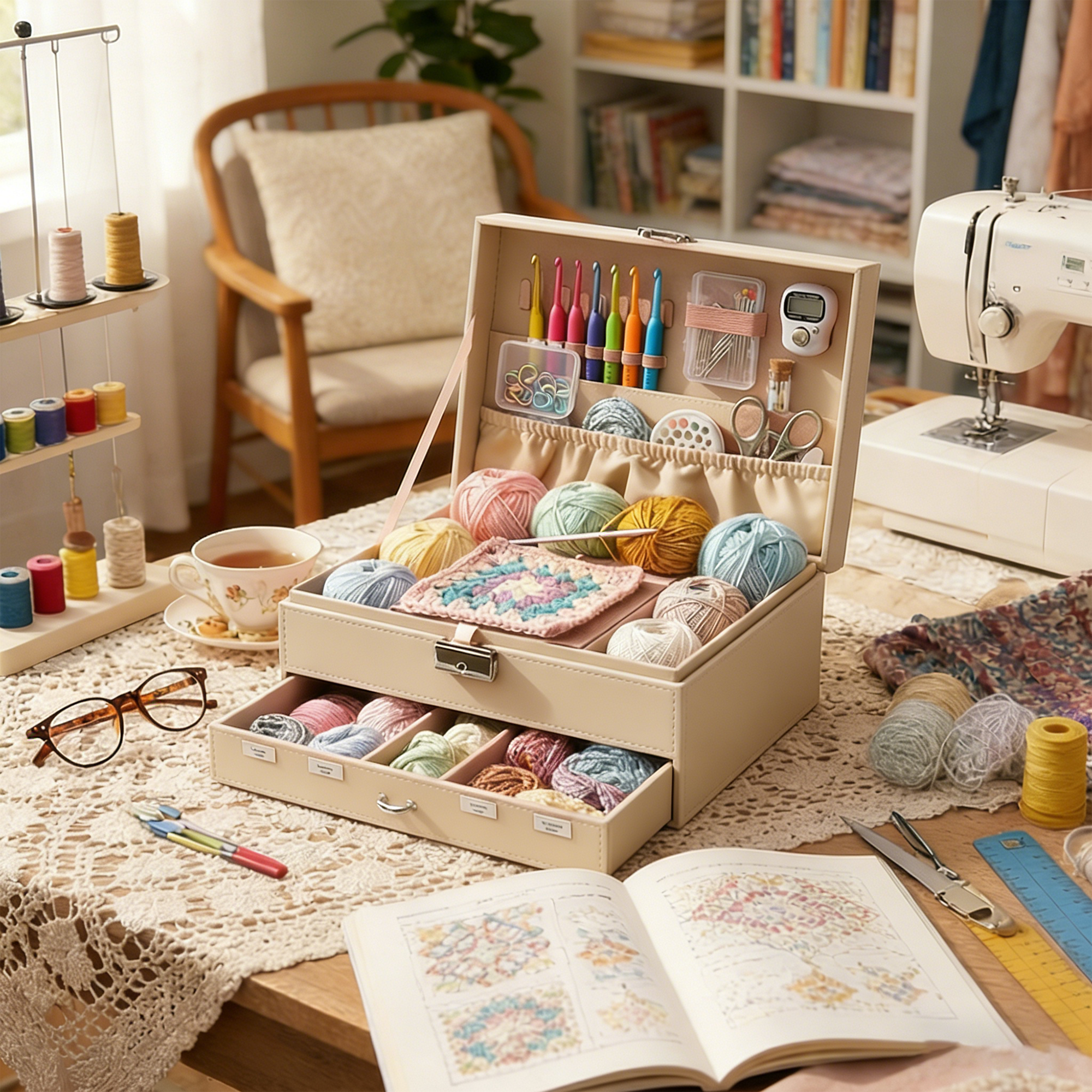 Personalized Multi-Layer Fabric Crochet & Knitting Organizer Box – Portable Craft Storage for Yarn, Hooks and Accessories