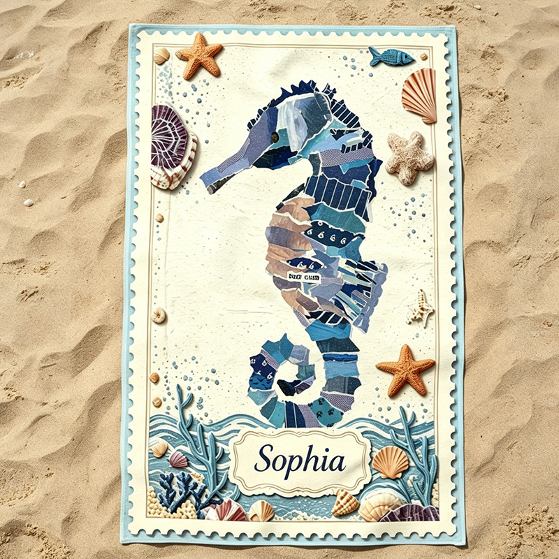 Personalized  Beach Towel  Coastal Patchwork Collage Design Custom Name Kids Towel for Summer Vacation Ocean Theme Gift