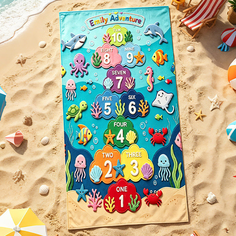 Personalized Under the Sea Hopscotch Beach Towel Kids Ocean Adventure Play Mat with Numbers  Summer Gift