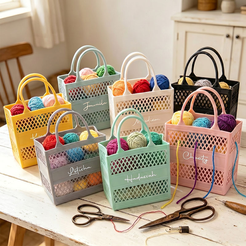 Personalized Hollow Crochet & Yarn Storage Bag Portable Handle Large Capacity Waterproof Solid Color PVC Tote Handbag Craft Yarn Sewing Organizer Basket