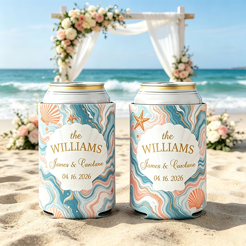 Personalized Ocean Theme Striped Beer Can Cooler Sleeve with Name Title and Date Wedding Party Gift for Newlyweds