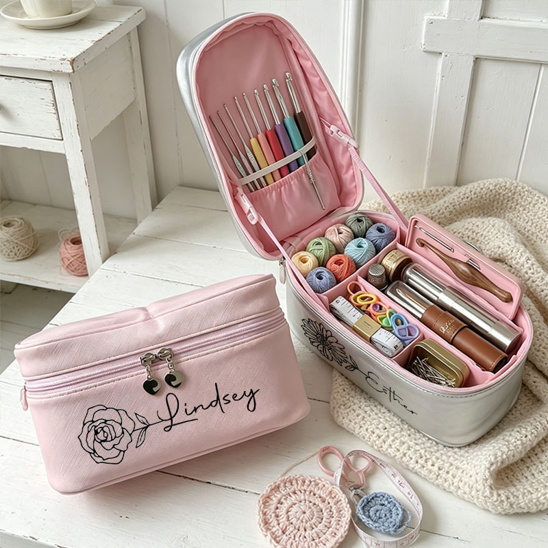 Personalized Crochet Tool Bag Custom Name with Birthday Flowers Leather Crochet Tool Bag Crochet Tool Case Crochet Tool Box  Crochet Gift