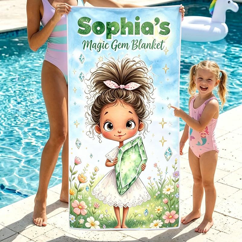 Personalized Cute Girl Holding Magic Birthstone Crystal In Pastel Fantasy Space Garden For Kids Beach Towel