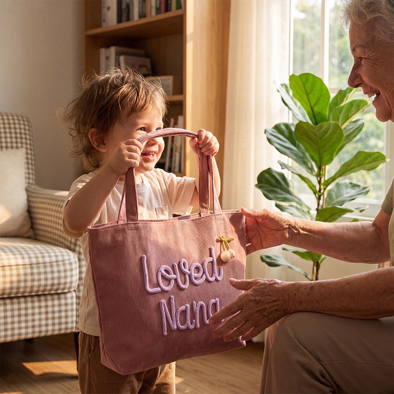 Personalized Gigi Nana Mama Tote Bag Grandma Travel Bag Custom Corduroy Chunky Yarn Name Purse Name Gift for Mom Friend Grandma
