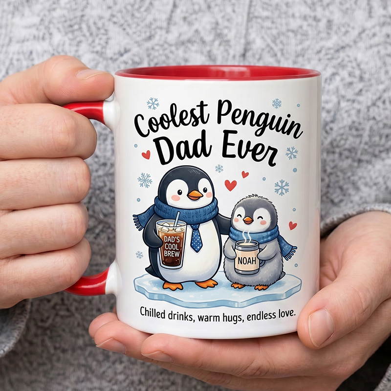 Personalized Dad & Baby Penguin Design 11 oz Ceramic Mug with Name Coolest Penguin Dad Ever Mug Birthday Gift for Dad