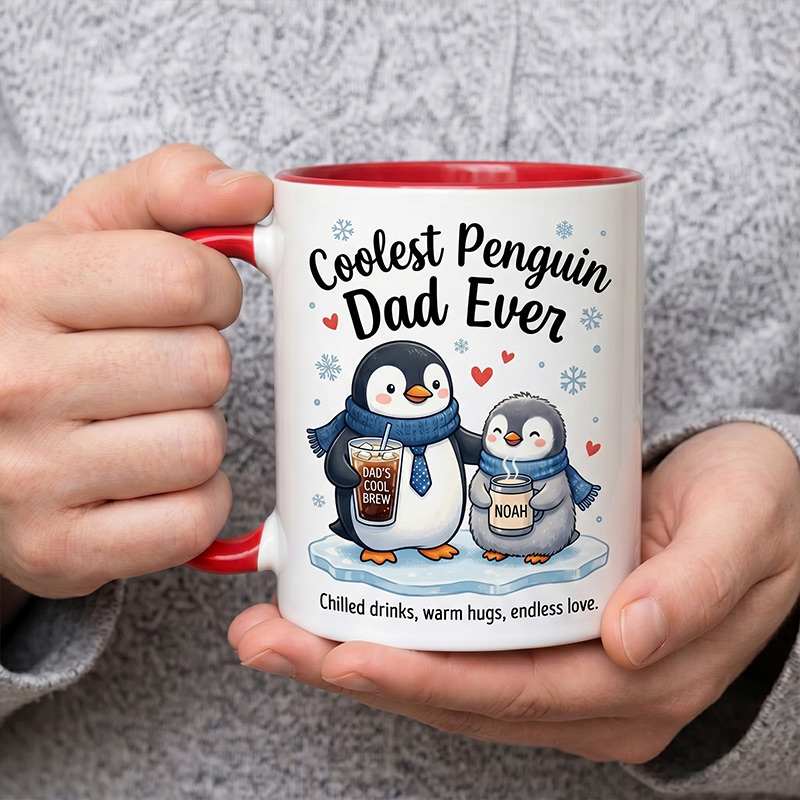 Personalized Dad & Baby Penguin Design 11 oz Ceramic Mug with Name Coolest Penguin Dad Ever Mug Birthday Gift for Dad