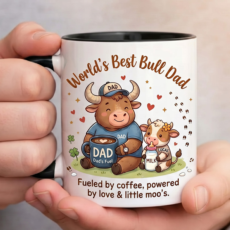 Personalized Dad & Baby Cow Design 11 oz Ceramic Mug with Name World’s Best Bull Dad Mug Birthday Gift for Dad