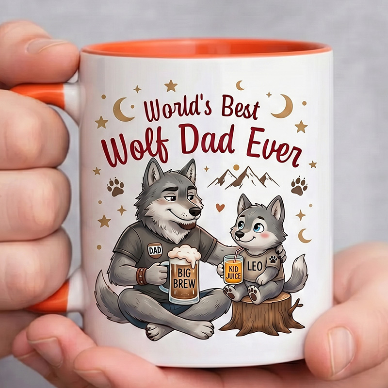 Personalized Dad & Baby Wolf Design 11 oz Ceramic Mug with Name World’s Best Wolf Dad Ever Mug Birthday Gift for Dad