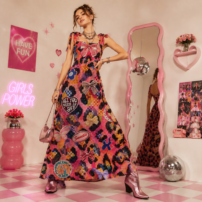 Personalized Y2K Leopard Woman Dress Tie-Shoulder Summer Vacation Dress Vintage Lace Print Dress Gift for Girlfriend