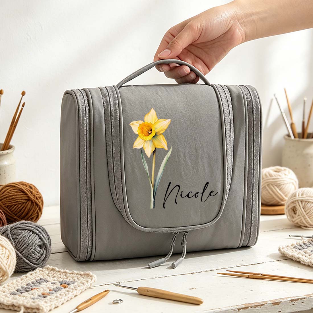 Personalized Crochet Storage Bag Water Resistant Crochet Storage Bag with Hanging Hook Custom Name with Birth Flower Crochet Tool Storage Bag Portable Storage Bag Large Capacity Multiple Pockets Organizer Bag