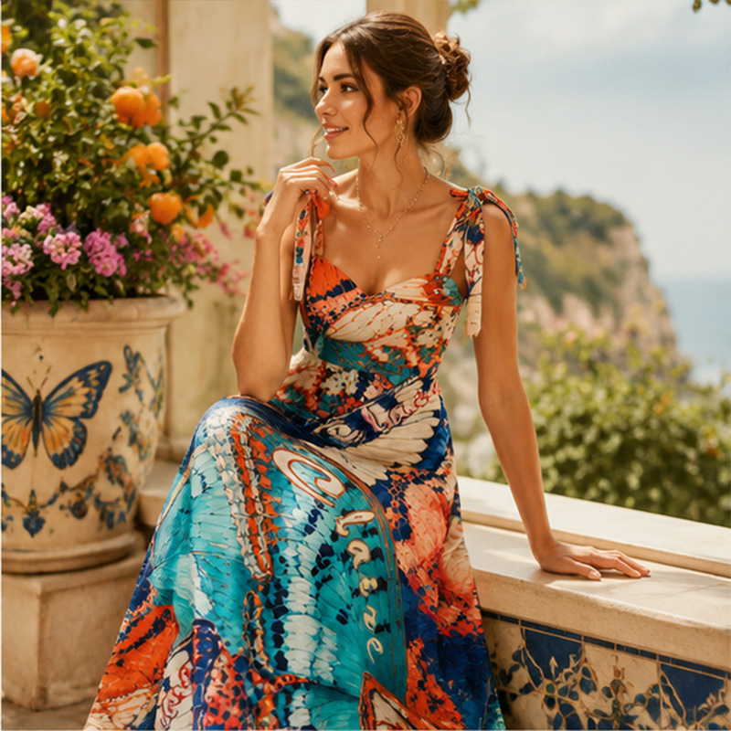 Personalized Hand Painted Colorful Butterfly Print Bow Tie Strap Square Neck Maxi Dress For Summer Vacation Beach Honeymoon Gift for Her
