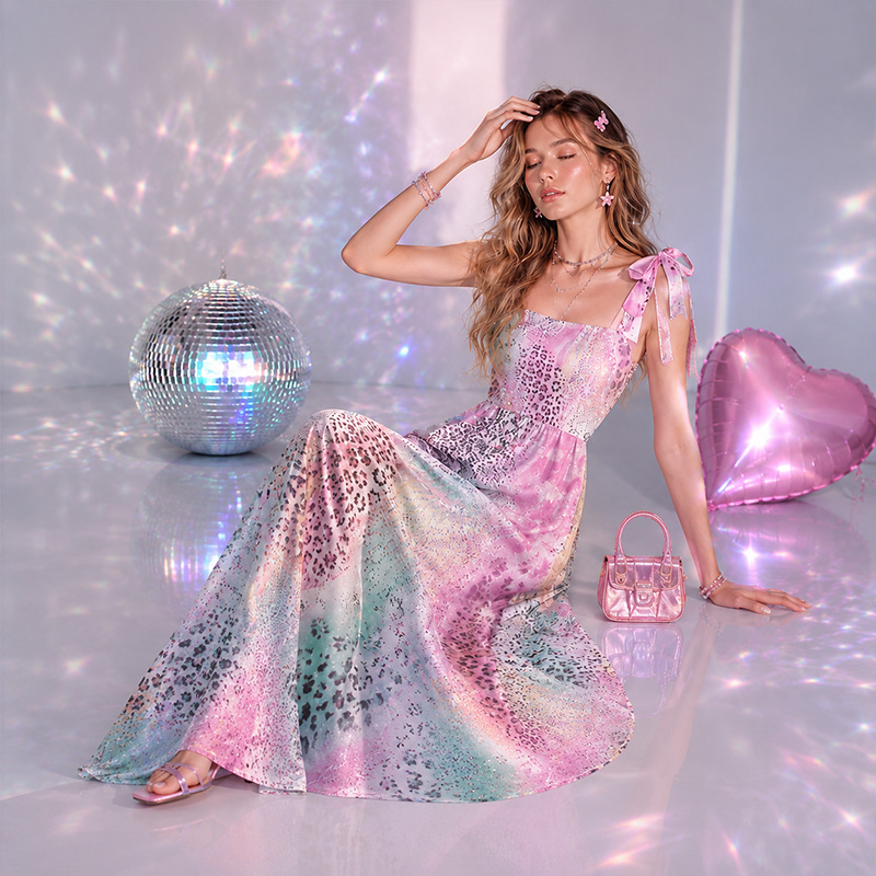 Personalized Shiny Satin Ombre Leopard Flower Collage Print Bow Strap Floor Length Dress For Summer Holiday Night Out Travel