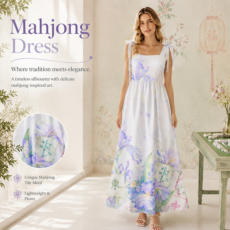 Personalized Watercolor Iris Mahjong Bow Strap Oriental Vacation Maxi Dress Pastel Ink Floral Mahjong Satin Summer Sundress Mahjong Style Purple Iris Square Neck Long Dress