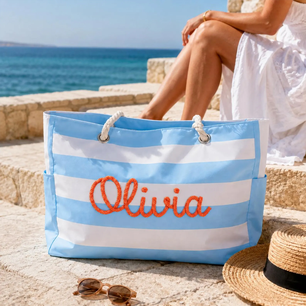  Personalized Waterproof Pool Tote Custom Beach Bag with Zipper Embroidered Girls Trip Striped Canvas Tote Bag Summer Vacation Gift for Her