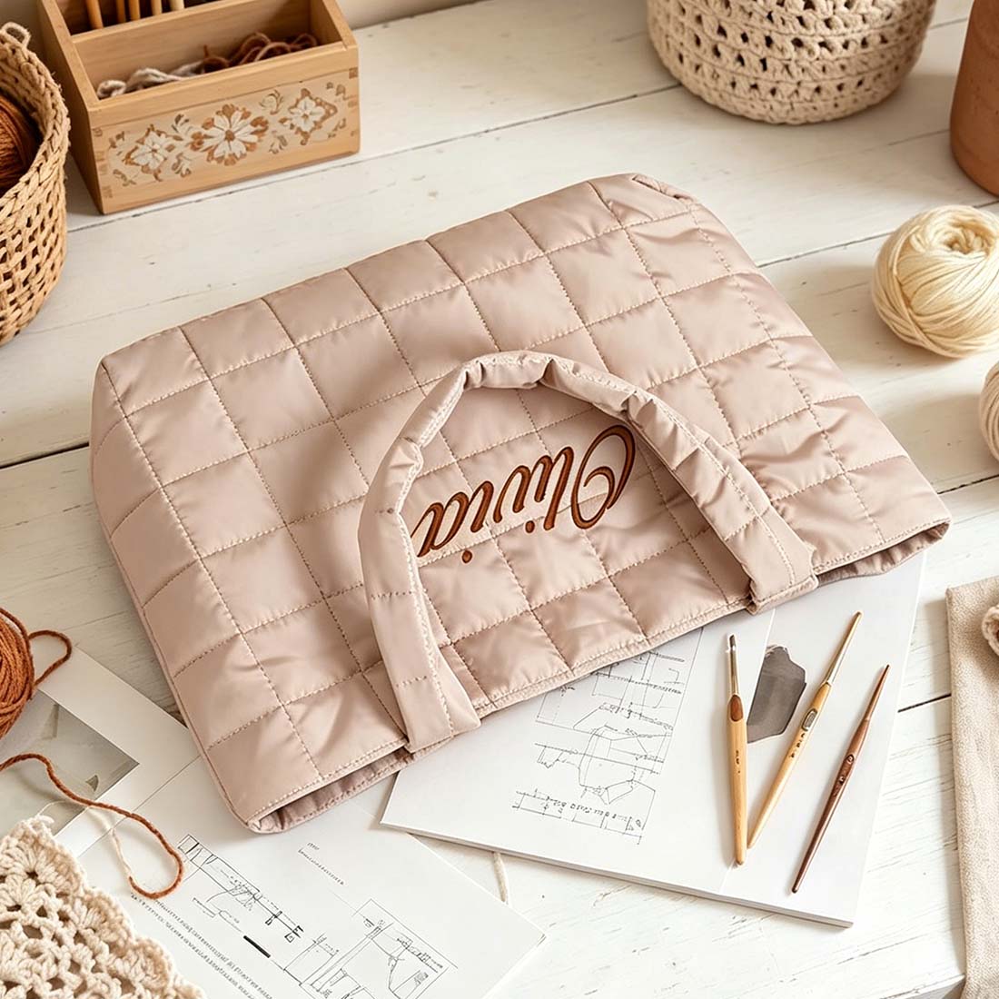 Personalized Crochet Tool Storage Tote Bag, Nylon Quilted Tote Bag, Custom Embroidered Name Shoulder Tote