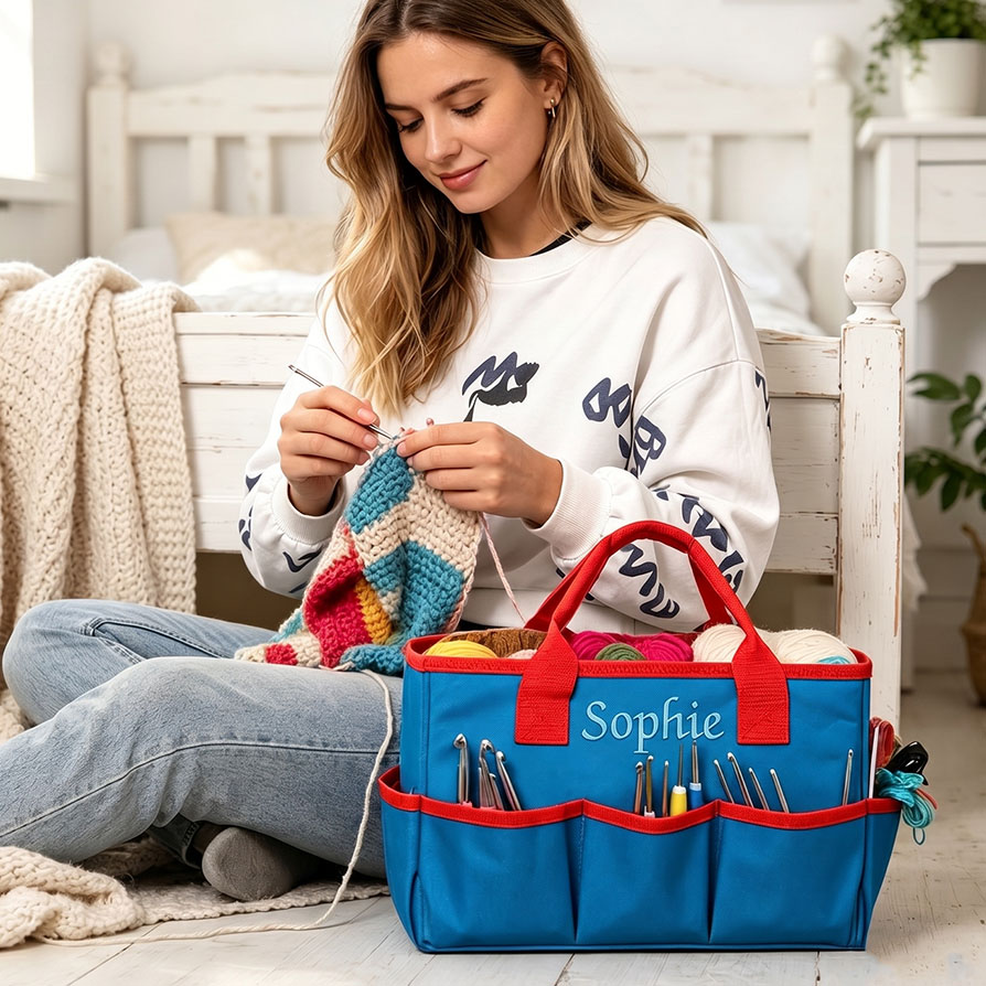 Personalized Crochet Tool Storage Tote Bag Embroidered Gingham Tote Bag Custom Name Premium Oxford Cloth Tote Reusable Storage Bags